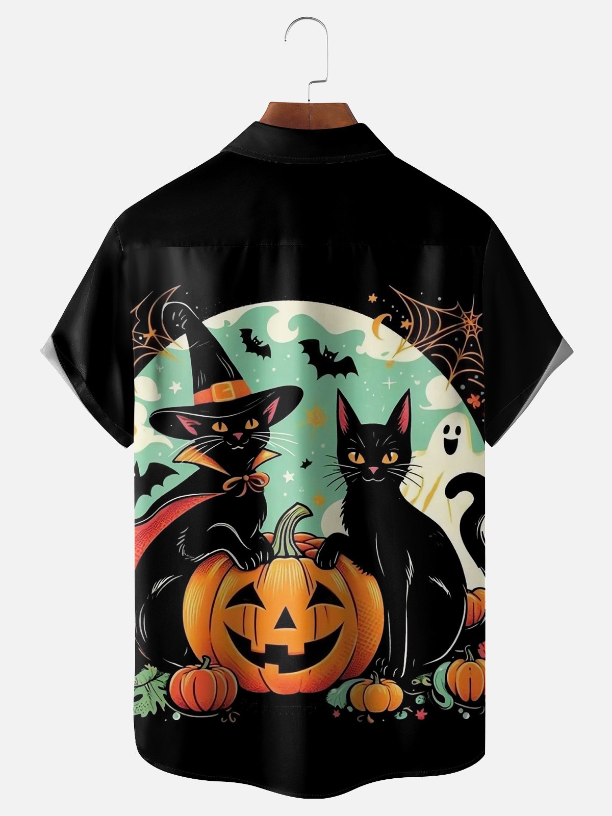 Moisture-wicking Halloween Black Cat Chest Pocket Hawaiian Shirt