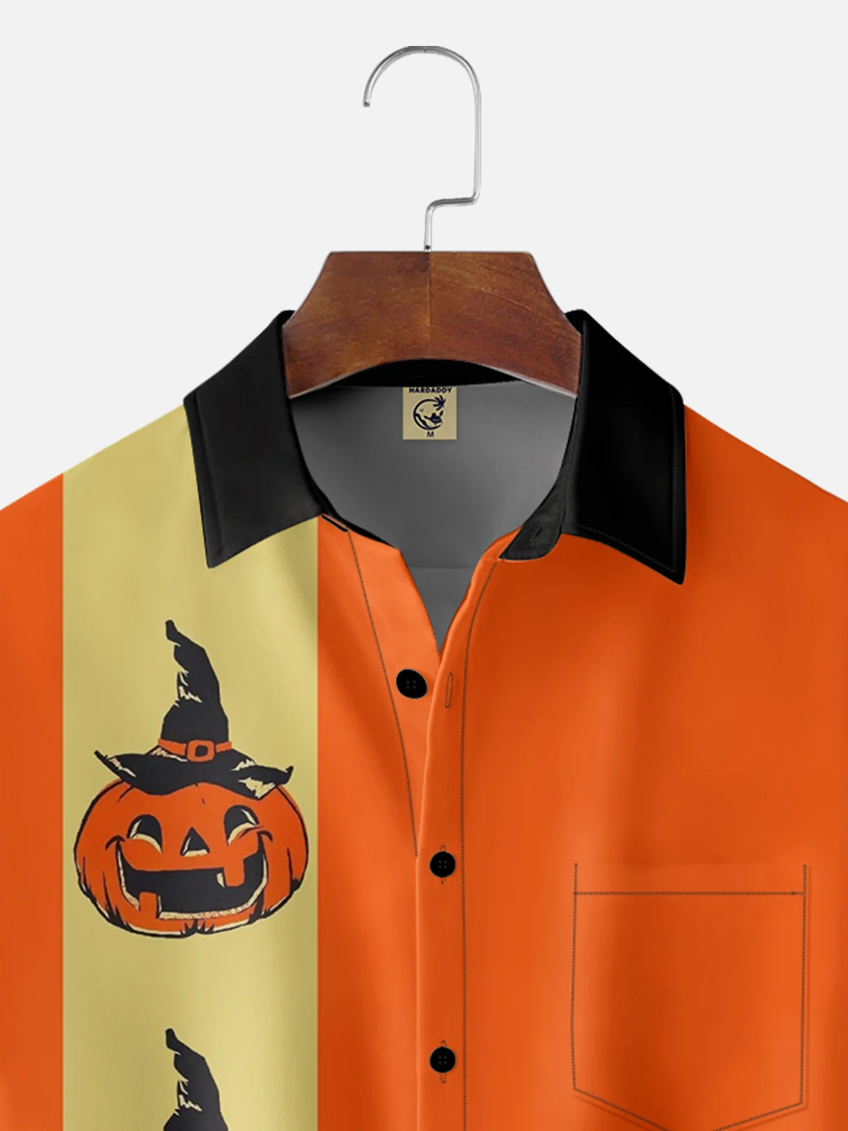 Moisture-wicking Halloween Pumpkin Chest Pocket Bowling Shirt