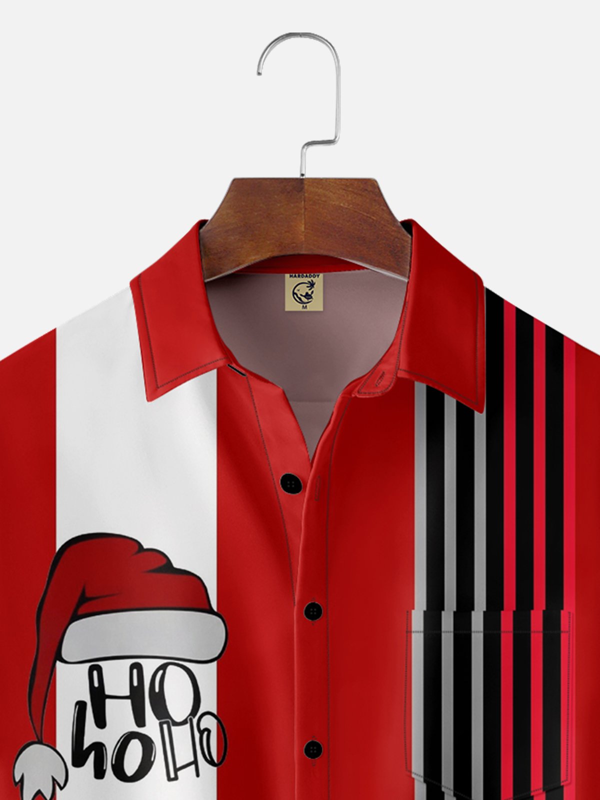 Moisture-wicking Christmas HOHOHO Hat Chest Pocket Bowling Shirt