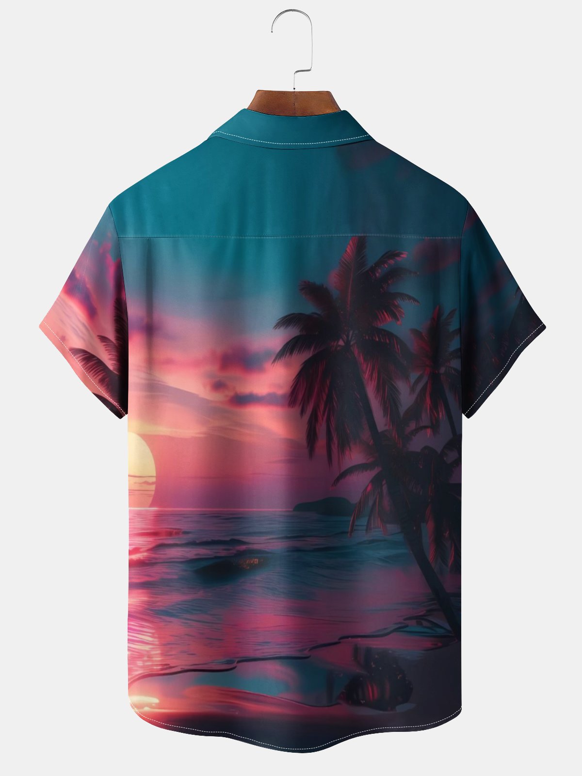 Moisture-wicking Beach Sunset Palm Tree Chest Pocket Hawaiian Shirt