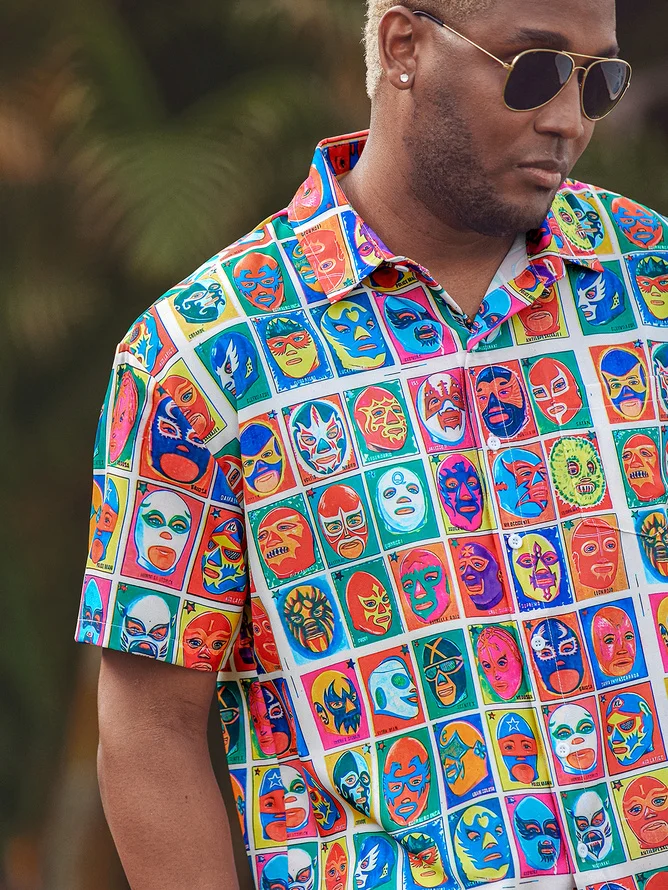 Tall Size Mexican Lucha Libre Chest Pocket Hawaiian Shirt