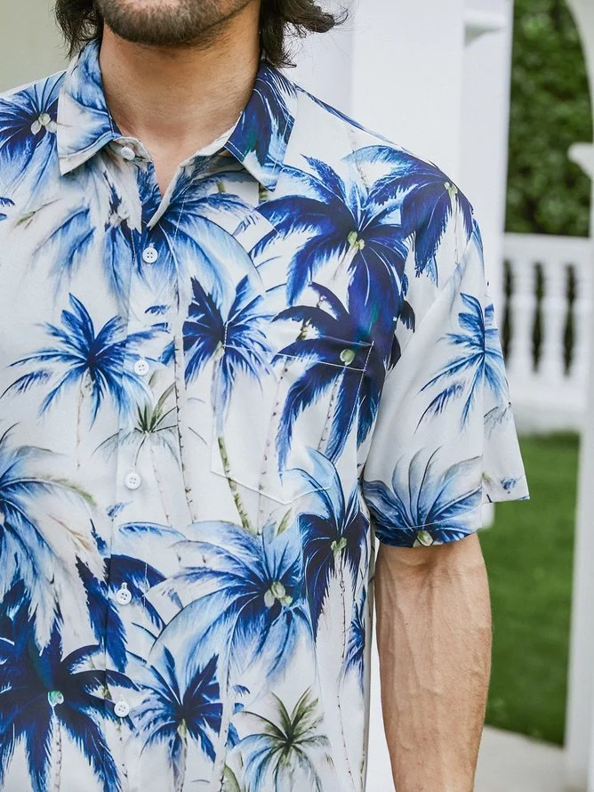 Tall Size Moisture-wicking Palm Tree Chest Pocket Hawaiian Shirt