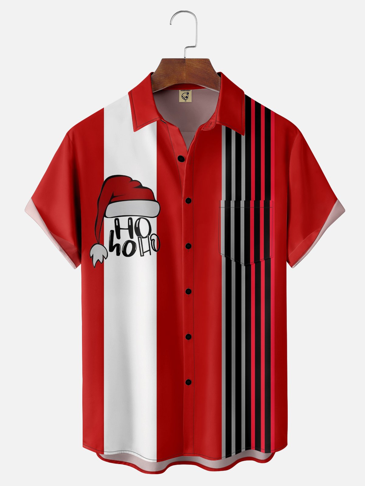 Moisture-wicking Christmas HOHOHO Hat Chest Pocket Bowling Shirt