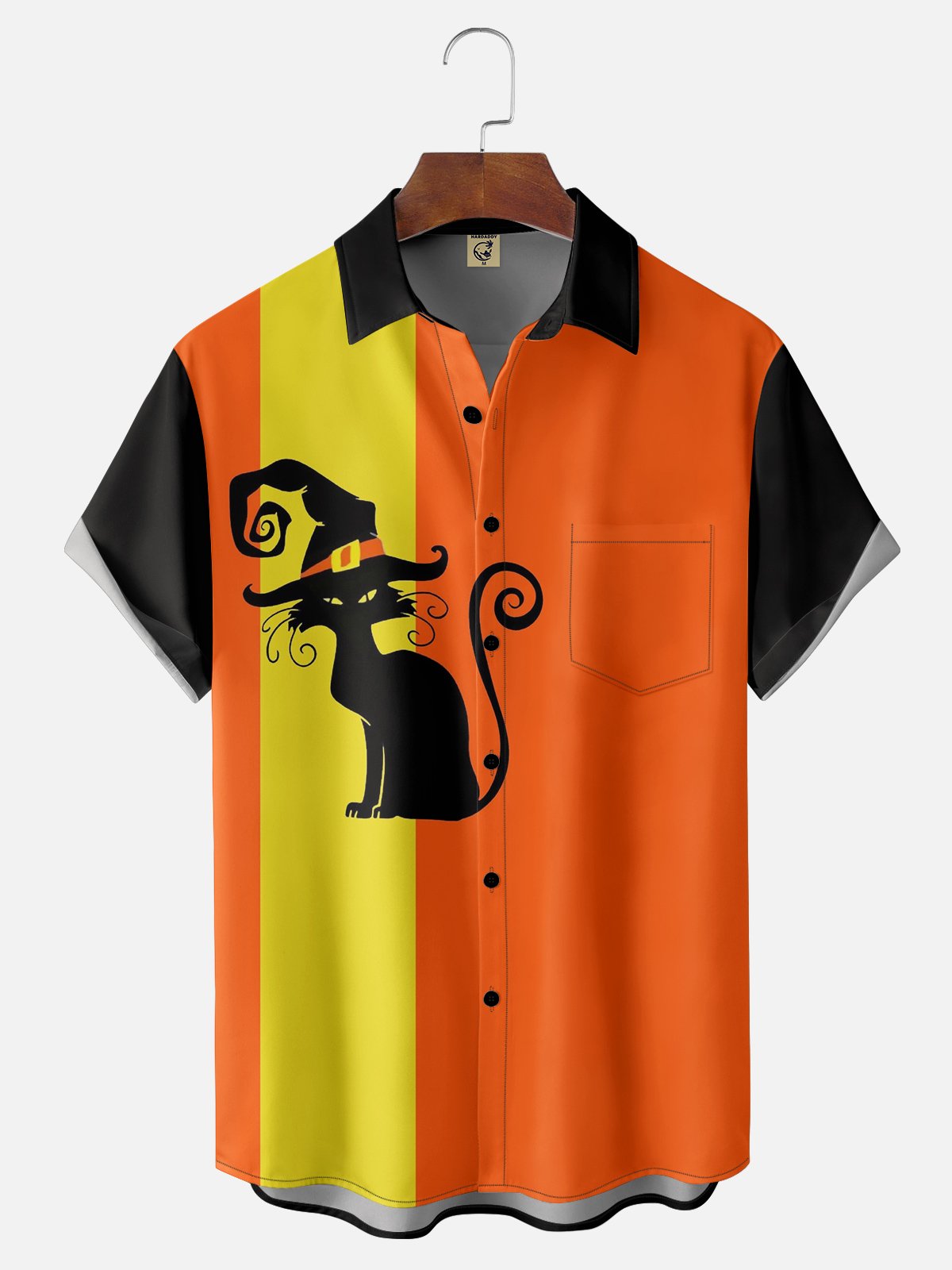 Moisture-wicking Halloween Black Cat Chest Pocket Bowling Shirt