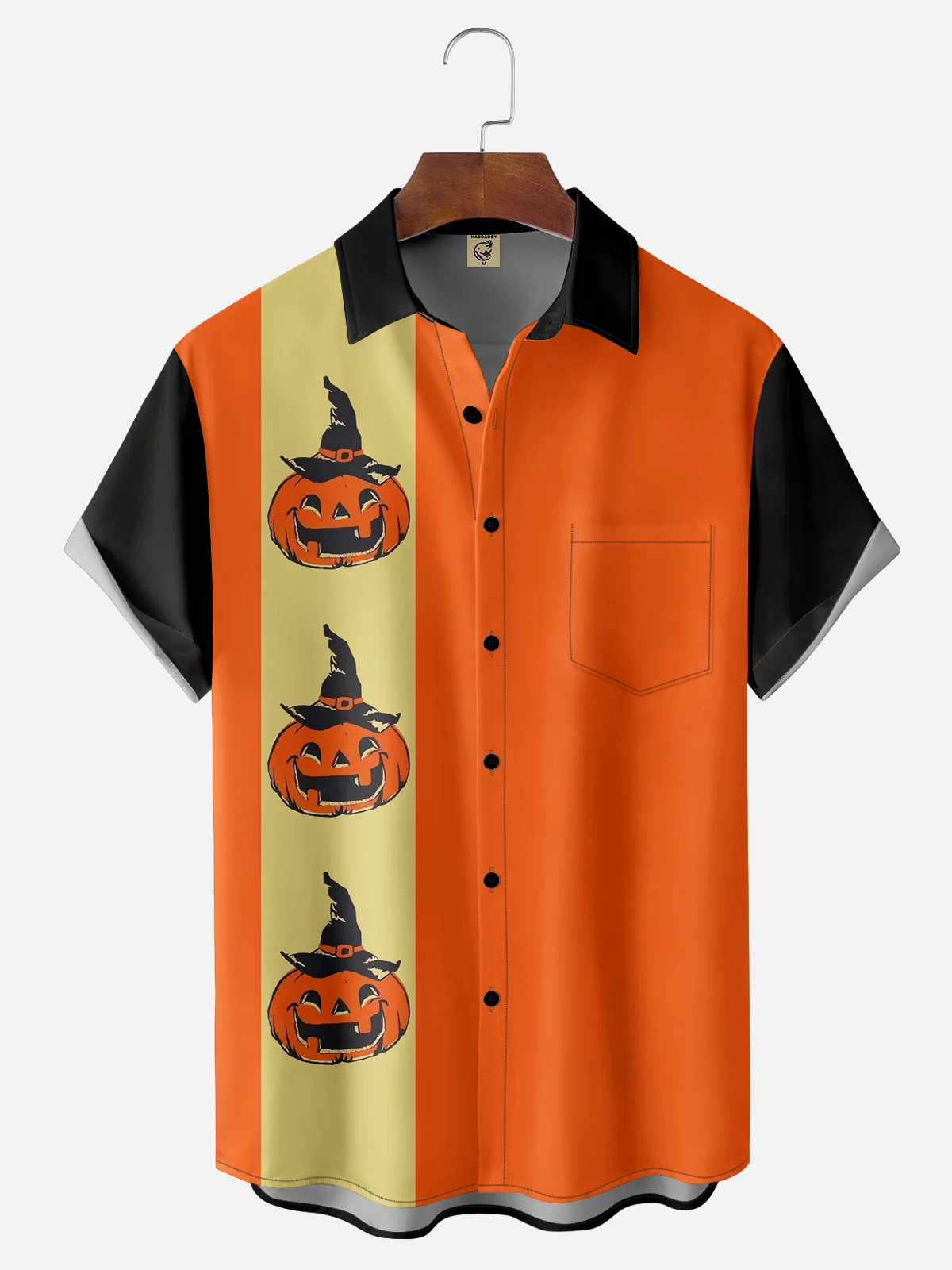 Moisture-wicking Halloween Pumpkin Chest Pocket Bowling Shirt