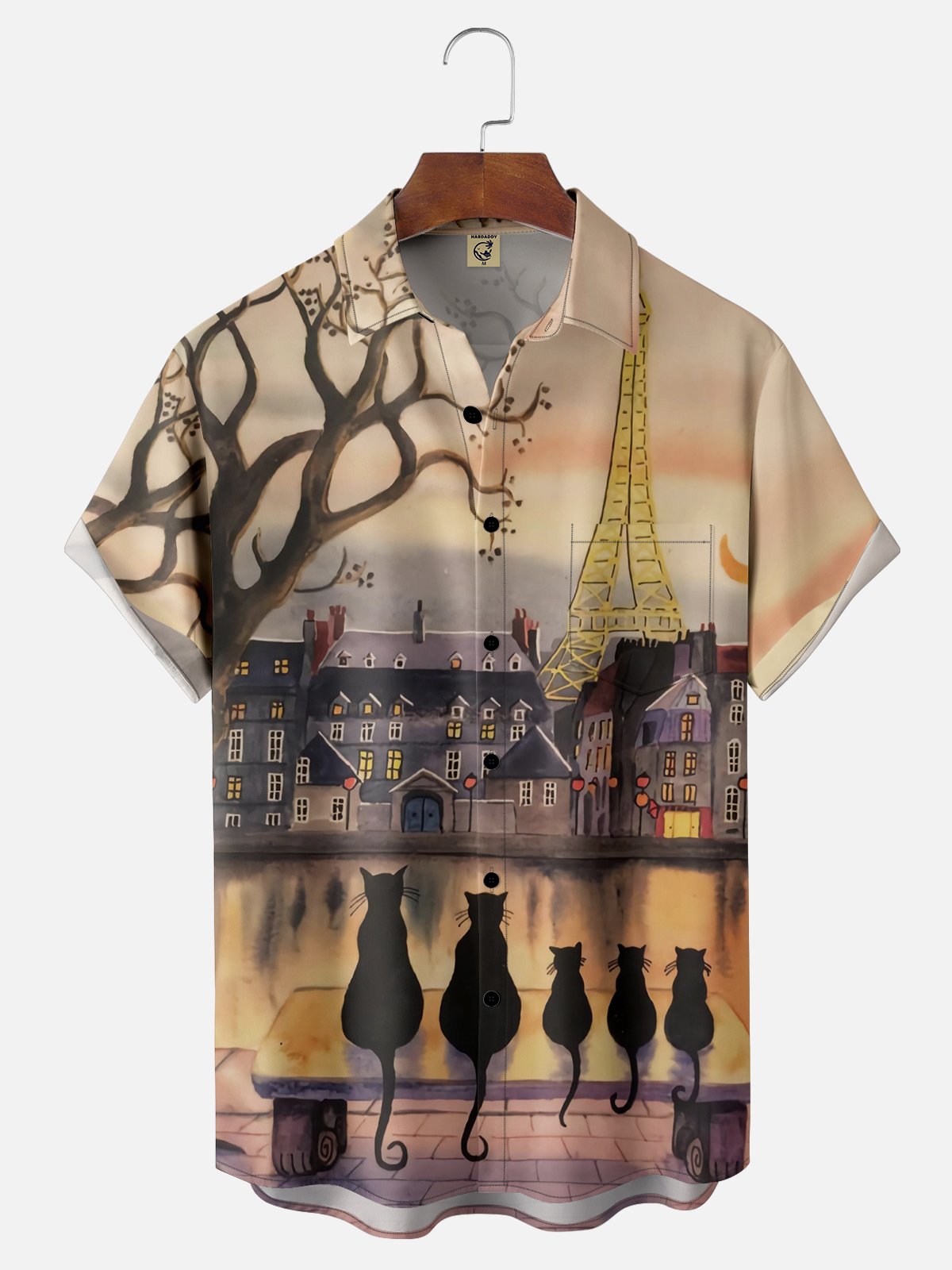 Moisture-wicking Paris Cat Painting Chest Pocket Hawaiian Shirt