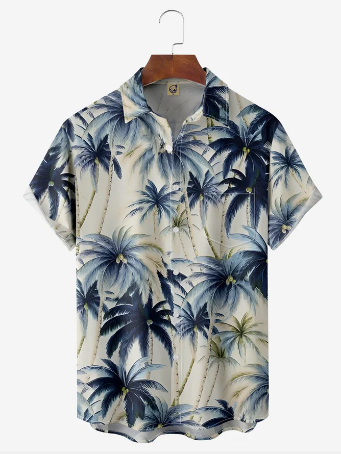 Tall Size Moisture-wicking Palm Tree Chest Pocket Hawaiian Shirt