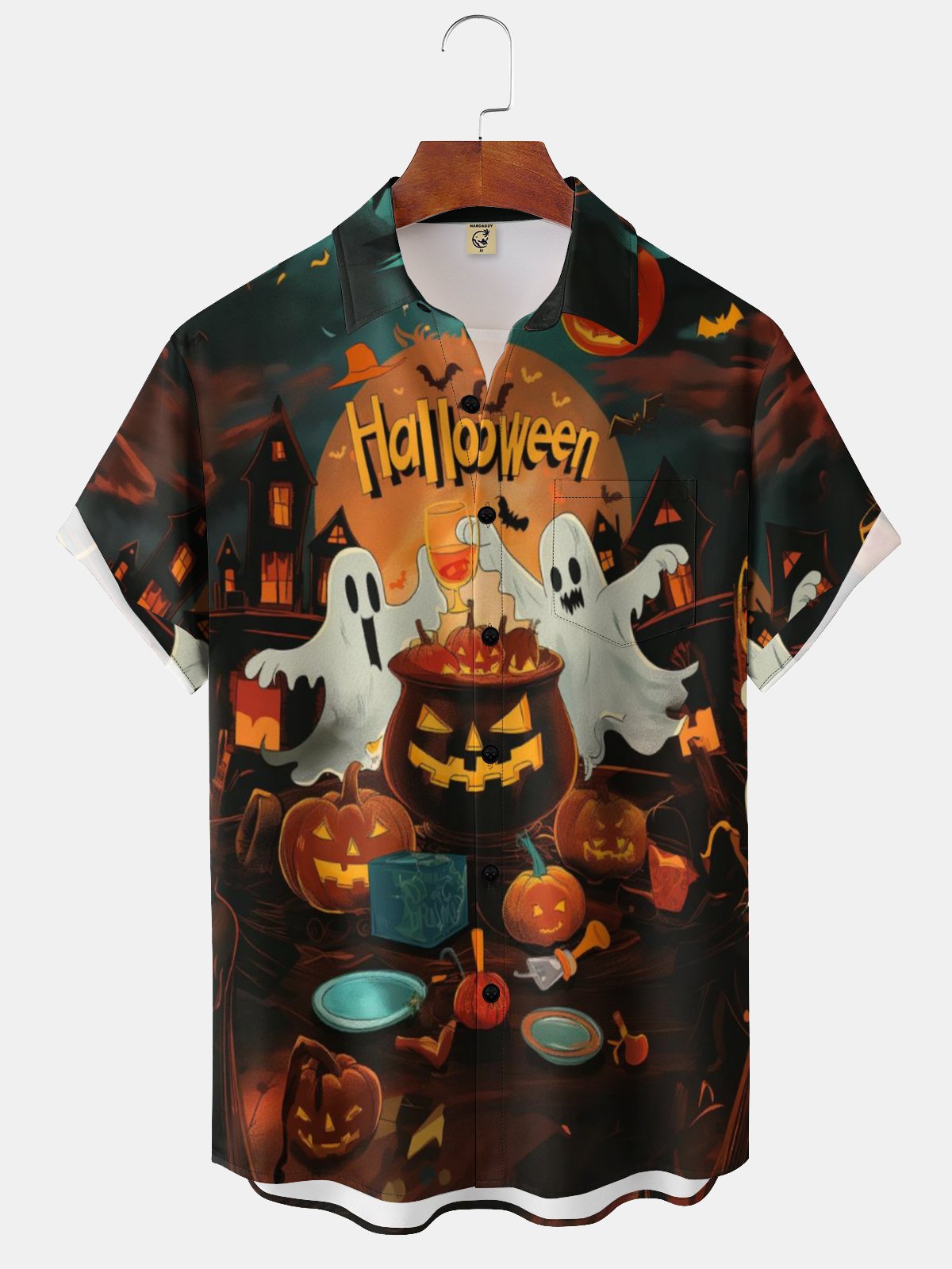 Moisture-wicking Halloween Pumpkin Chest Pocket Hawaiian Shirt