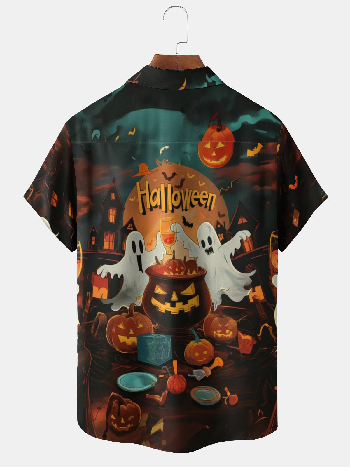 Moisture-wicking Halloween Pumpkin Chest Pocket Hawaiian Shirt