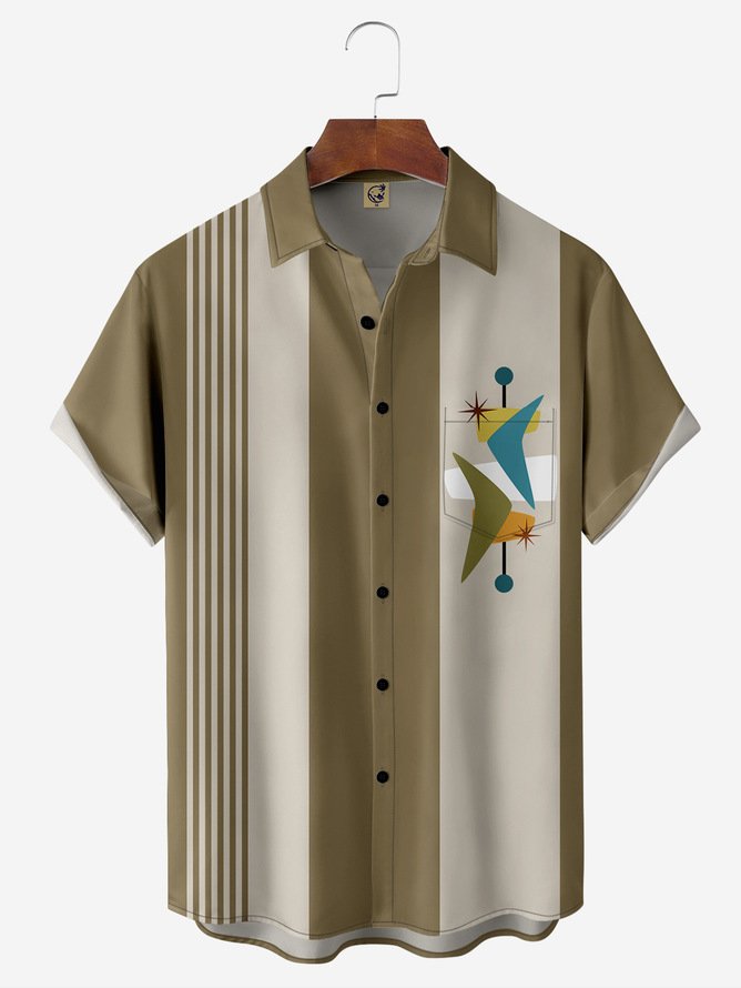 Tall Size Moisture wicking Medieval Geometric Chest Pocket Short Sleeve Bowling Shirt