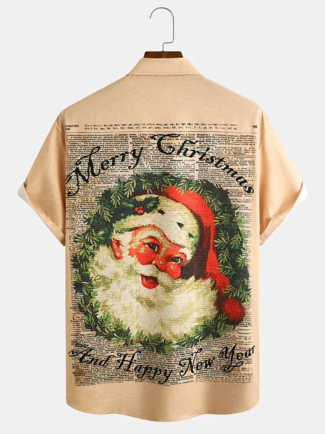 Tall Size Moisture wicking Christmas Print Casual Breathable Pocket Bowling Shirt