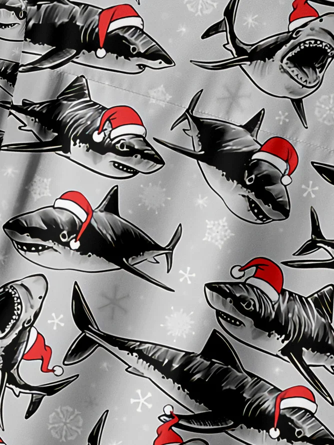 Tall Size Moisture wicking Christmas Shark Chest Pocket Short Sleeve Shirt