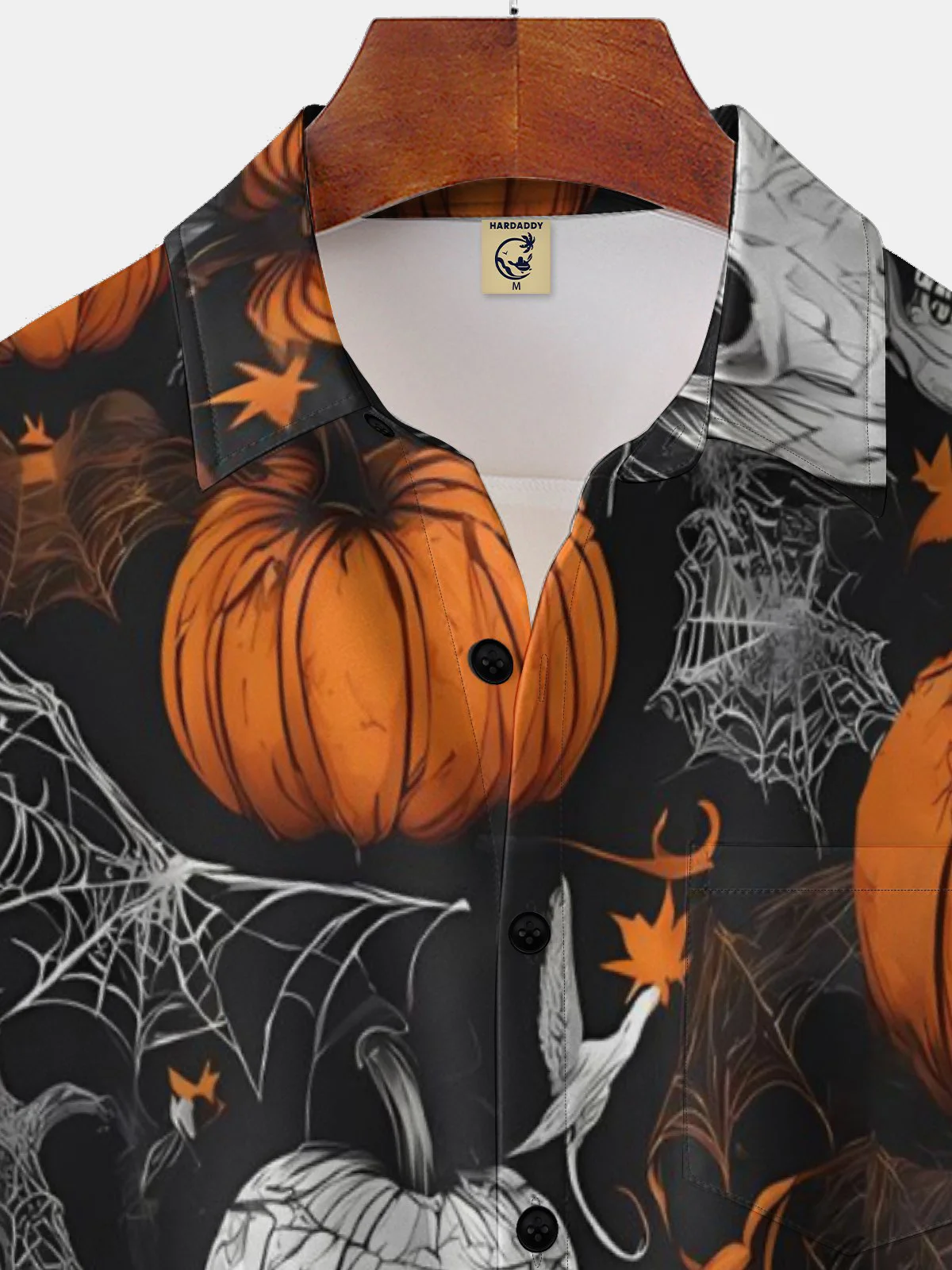 Moisture-wicking Pumpkin and Skull Illustration Chest Pocket Hawaiian Shirt