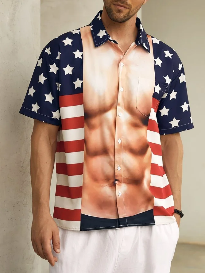 Tall Size Moisture wicking Muscle Flag Chest Pocket Short Sleeve Ugly Shirt