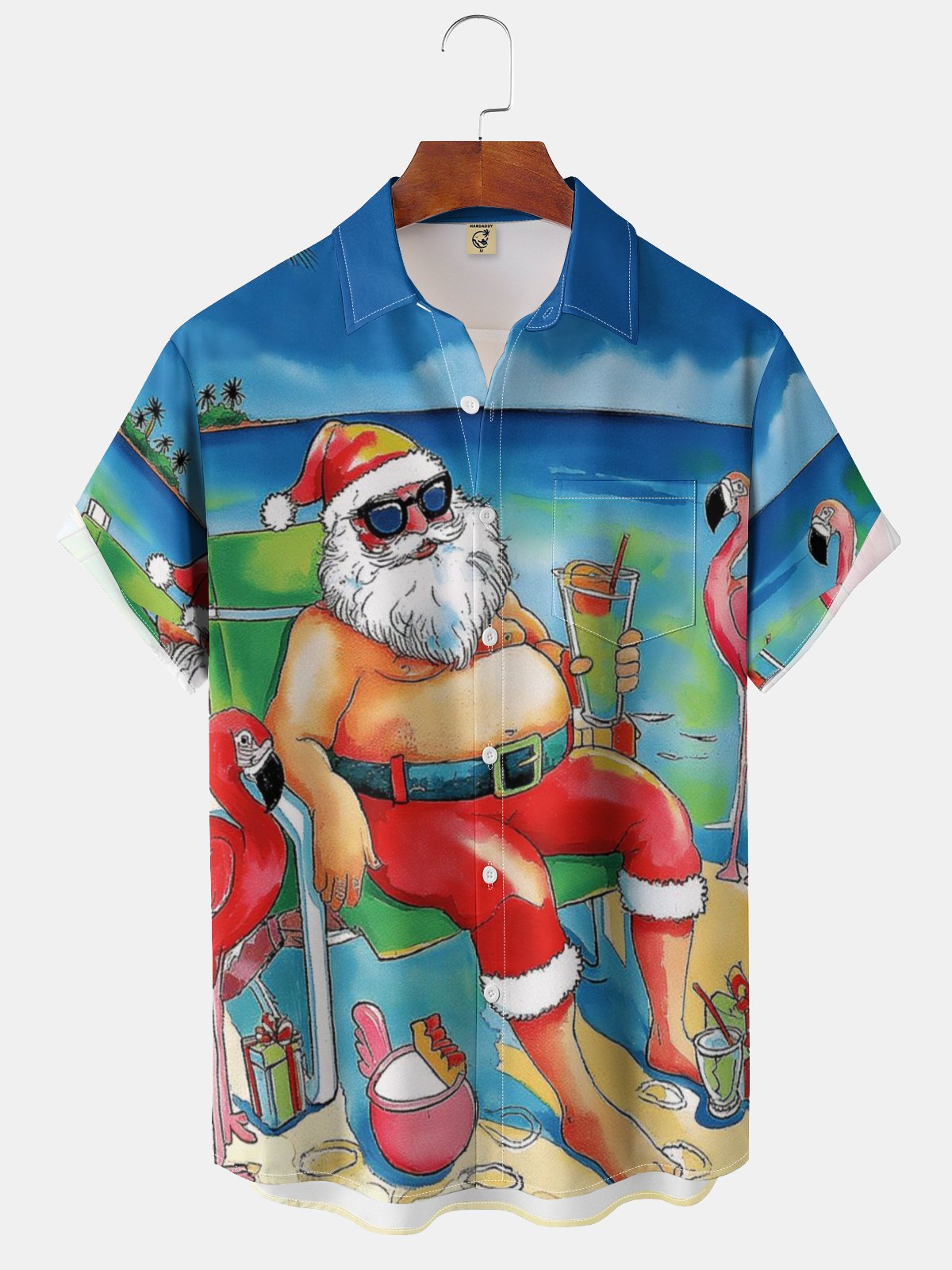 Moisture-wicking Santa Claus on Vacation Chest Pocket Hawaiian Shirt