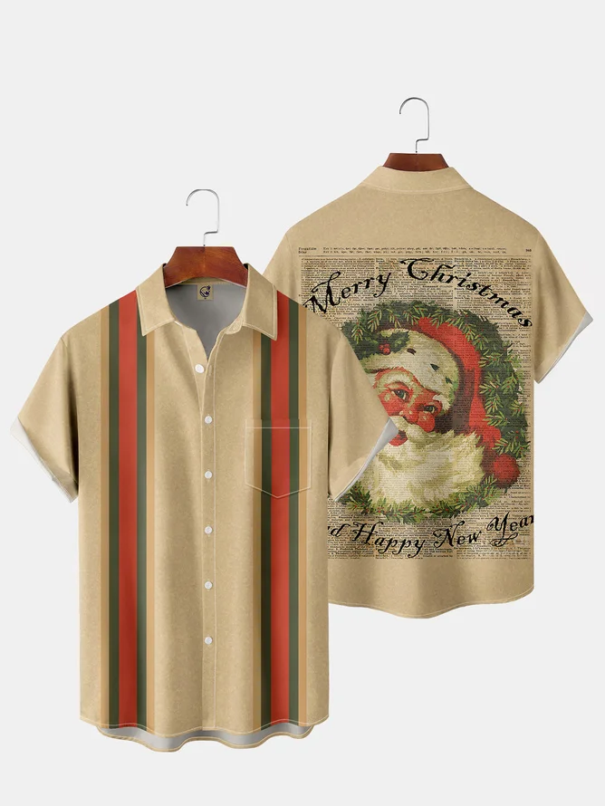 Tall Size Moisture wicking Christmas Print Casual Breathable Pocket Bowling Shirt