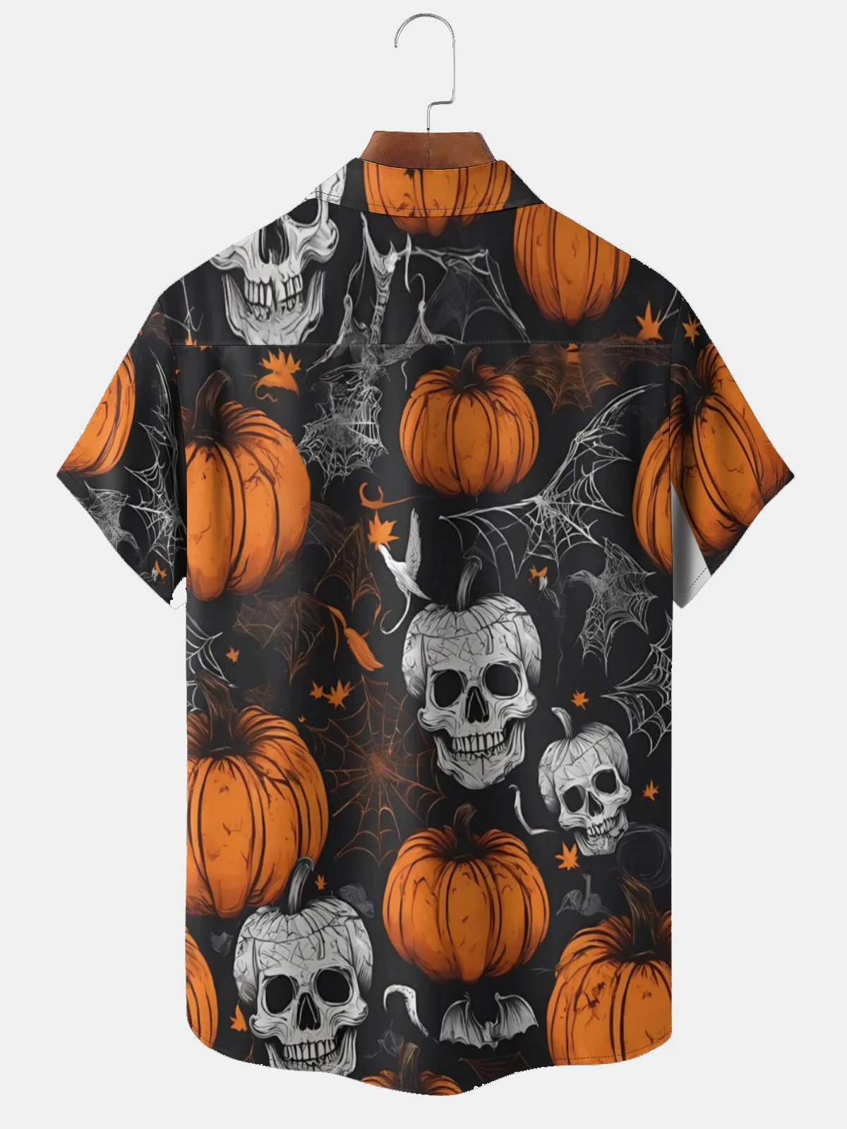 Moisture-wicking Pumpkin and Skull Illustration Chest Pocket Hawaiian Shirt