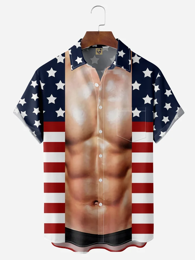 Tall Size Moisture wicking Muscle Flag Chest Pocket Short Sleeve Ugly Shirt