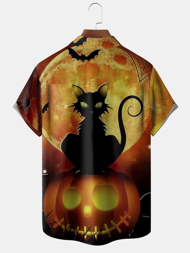 Tall Size Moisture-wicking Halloween Pumpkin Cat Print Chest Pocket Hawaiian Shirt