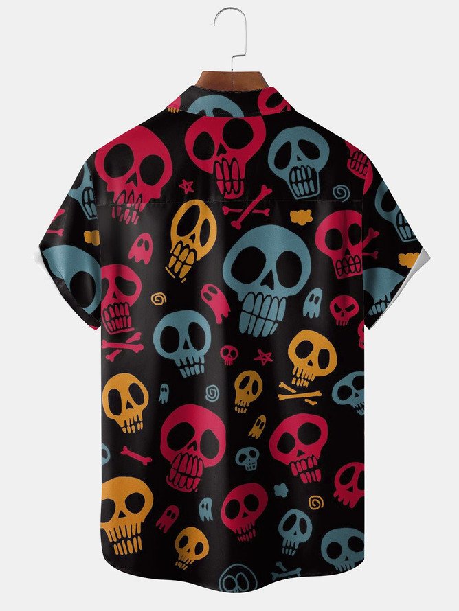 Tall Size Moisture-wicking Halloween Skull Print Chest Pocket Hawaiian Shirt