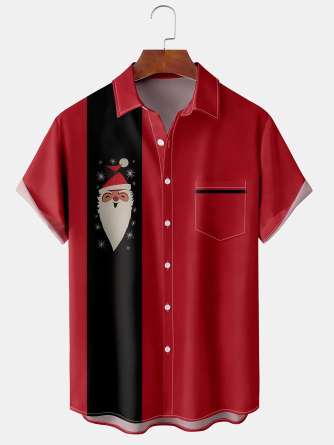 Tall Size Moisture-wicking Christmas Print Chest Pocket Bowling Shirt