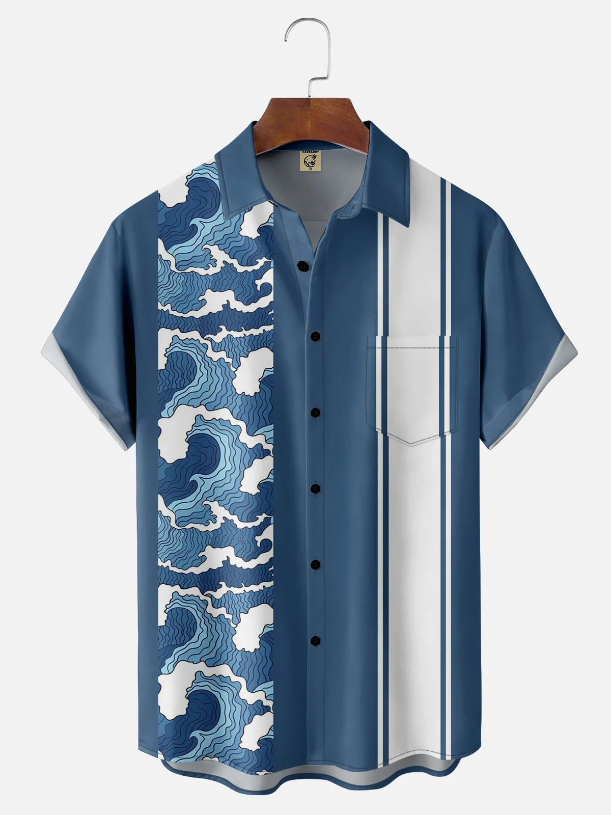 Moisture-wicking Ukiyoe Wave Chest Pocket Bowling Shirt