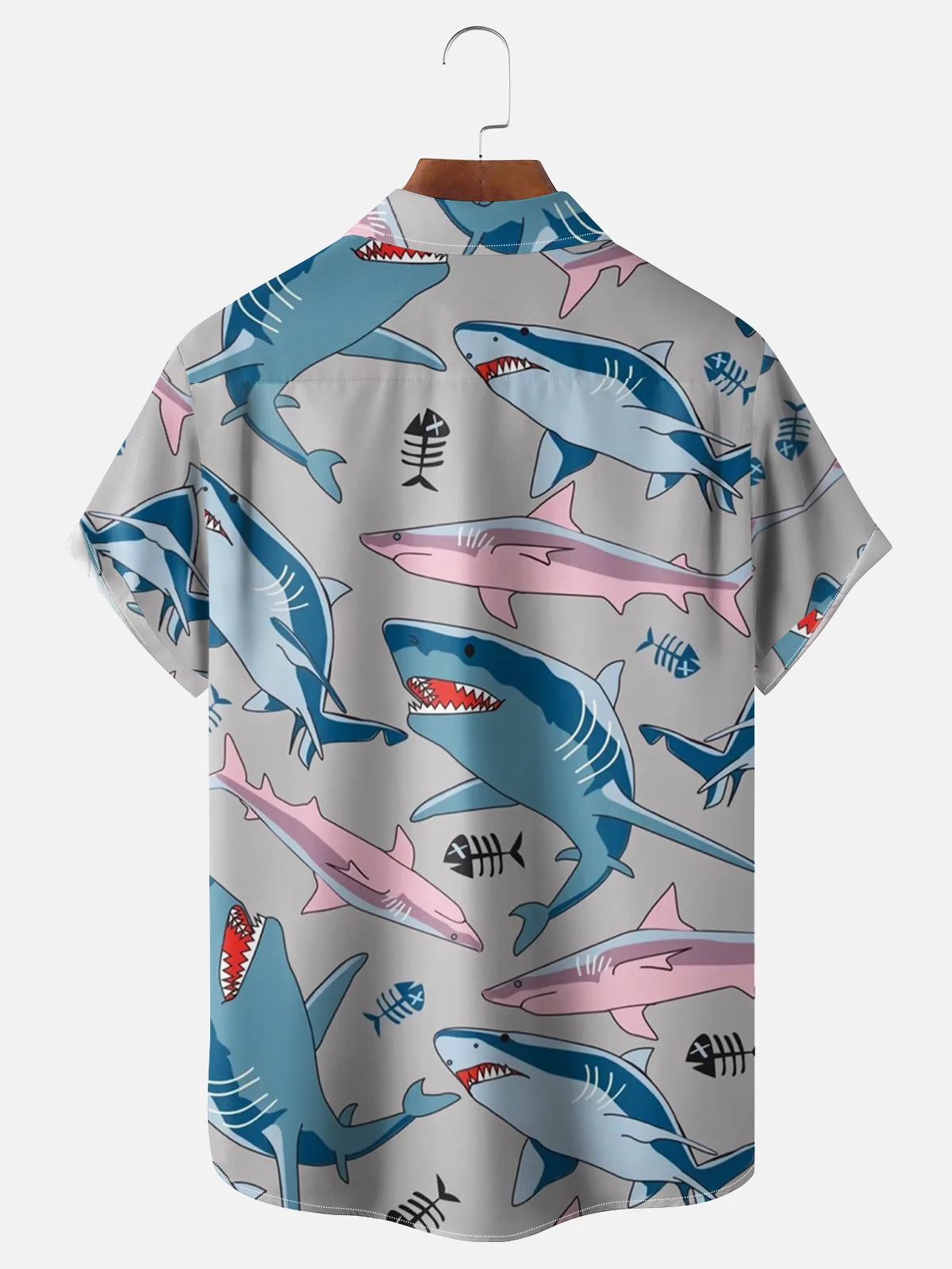 Moisture-wicking Funny Shark Illustration Chest Pocket Hawaiian Shirt