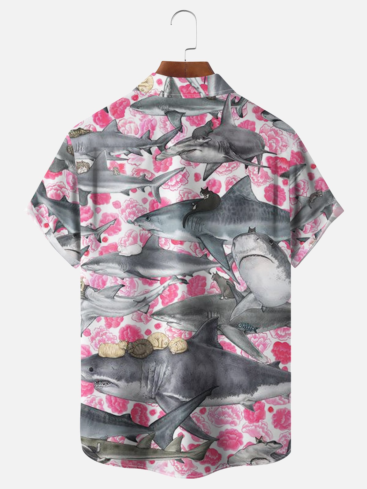 Moisture-wicking Shark In The Sea Of ​​Flowers Chest Pocket Hawaiian Shirt