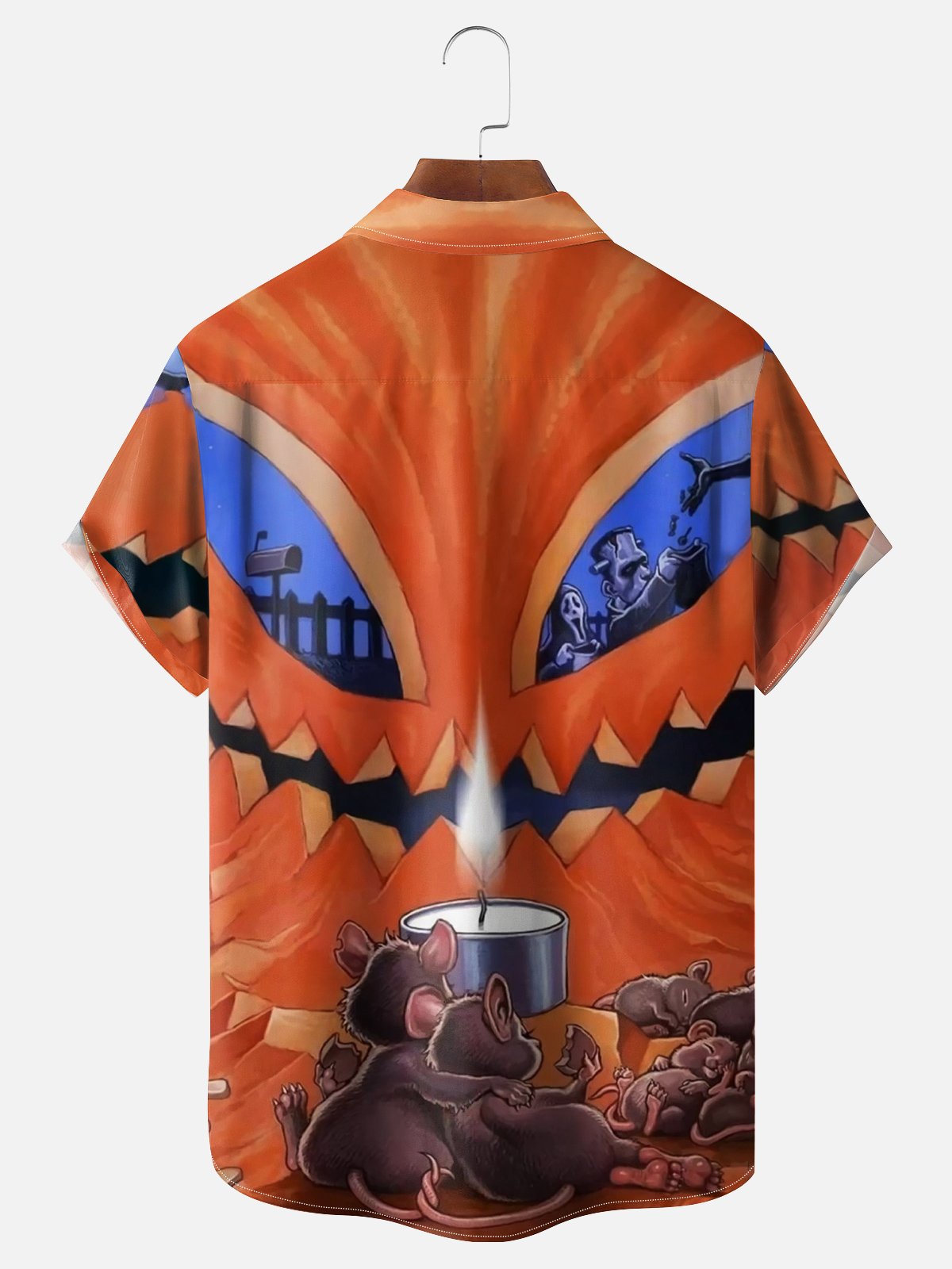 Moisture-wicking Halloween Mouse Hiding in Pumpkin Chest Pocket Bowling Shirt