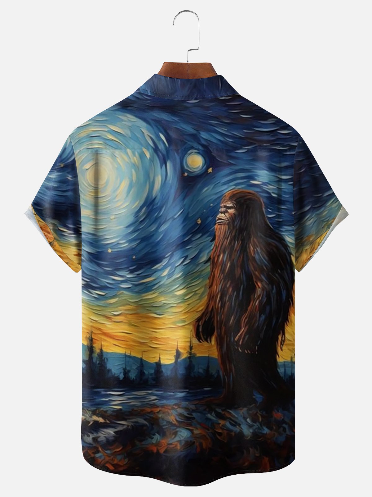 Moisture-wicking Van Gogh Bigfoot Under the Stars Chest Pocket Hawaiian Shirt