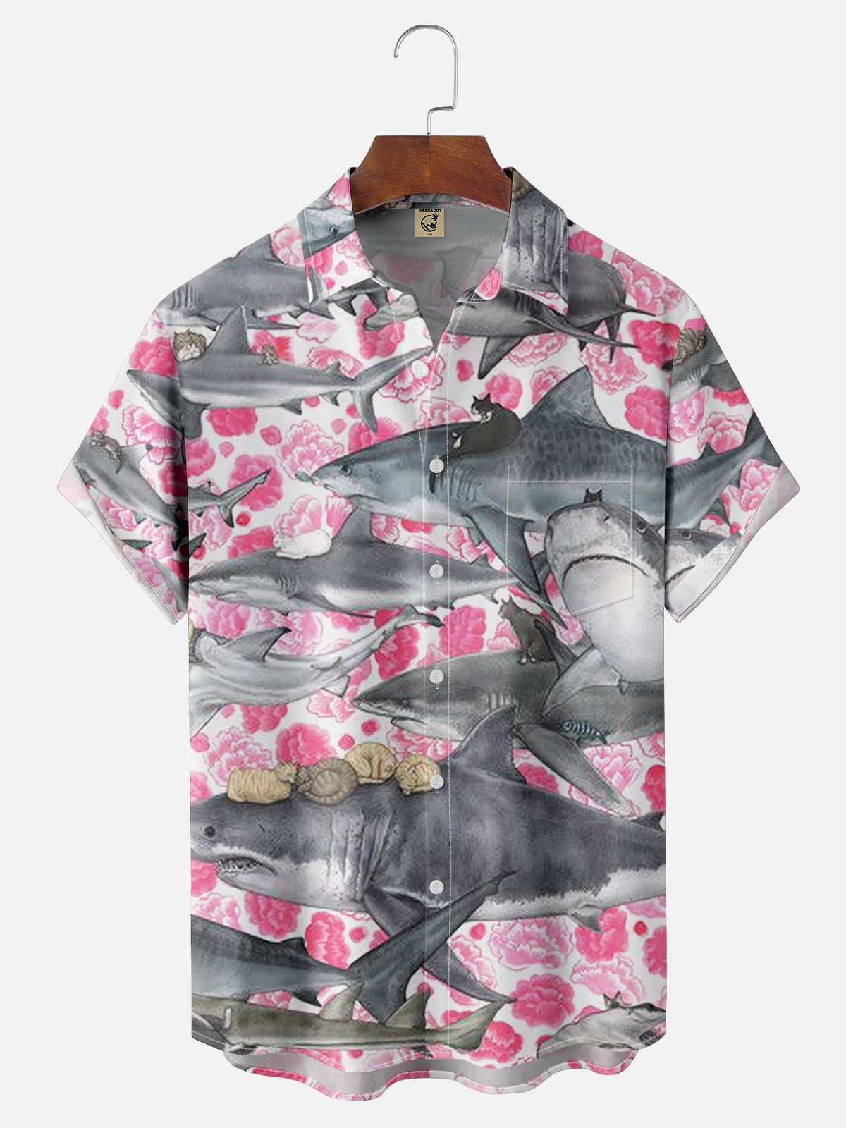 Moisture-wicking Shark In The Sea Of ​​Flowers Chest Pocket Hawaiian Shirt