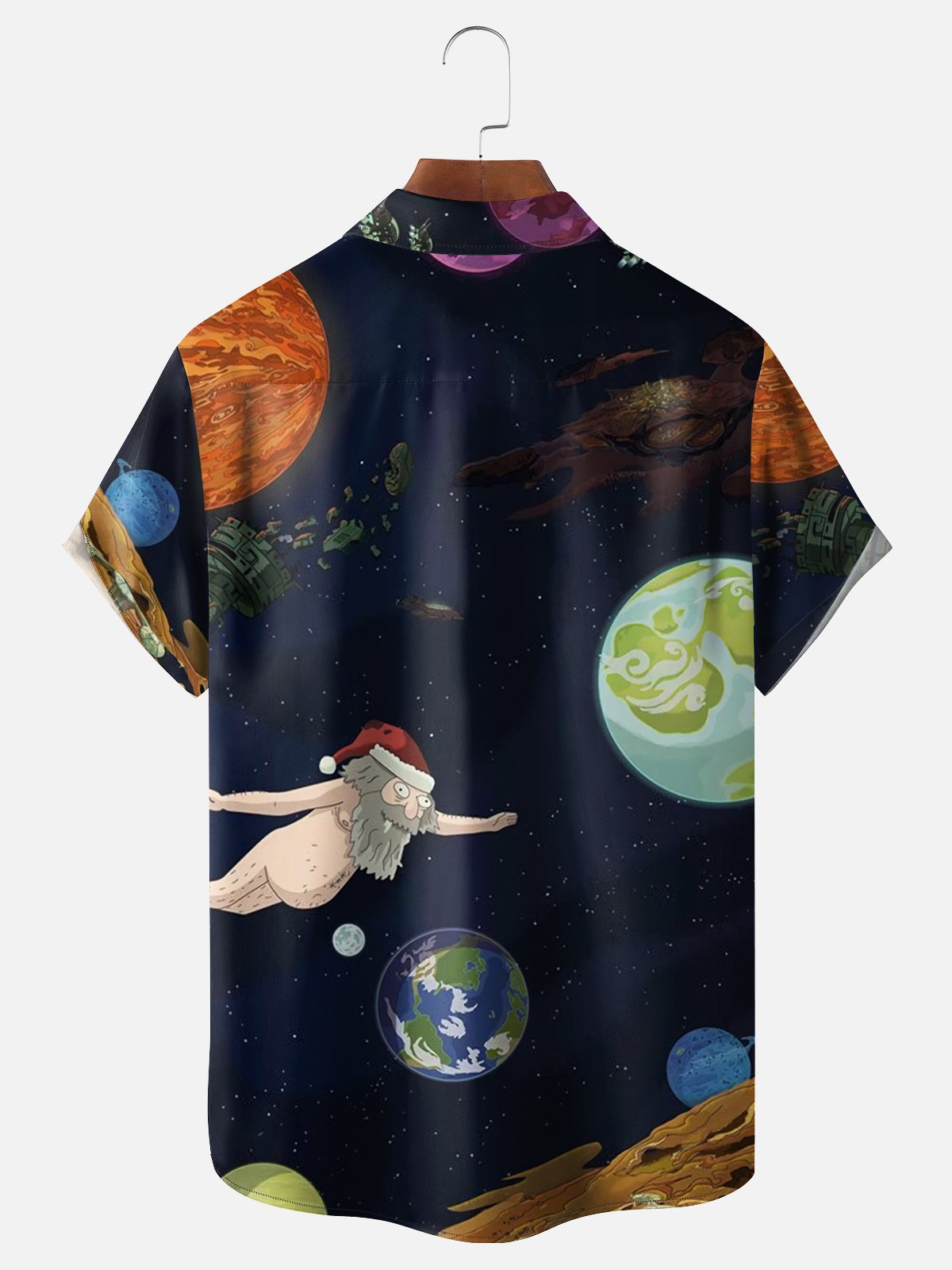 Moisture-wicking Santa Claus Travels in Space Chest Pocket Hawaiian Shirt