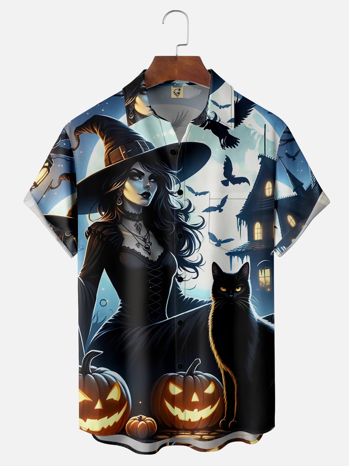 Moisture-wicking Halloween Witch Black Cat Chest Pocket Casual Shirt