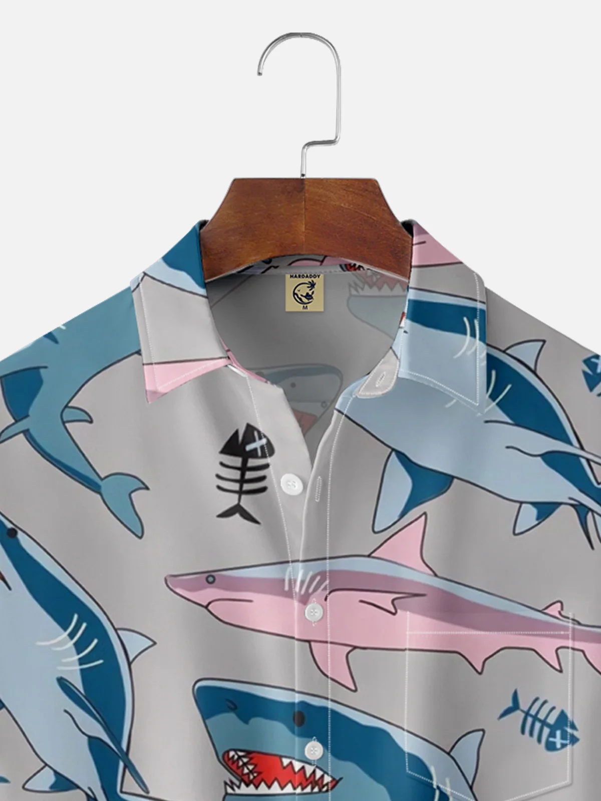 Moisture-wicking Funny Shark Illustration Chest Pocket Hawaiian Shirt