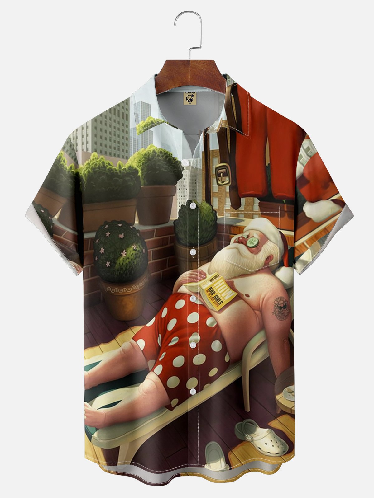 Moisture-wicking Santa Claus Art Painting Chest Pocket Hawaiian Shirt