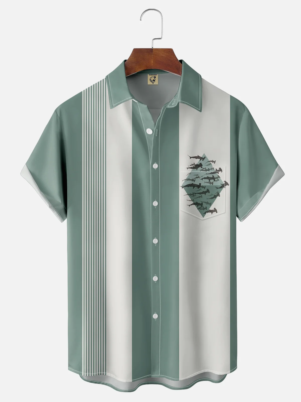 Moisture-wicking Shark Art Illustration Chest Pocket Bowling Shirt