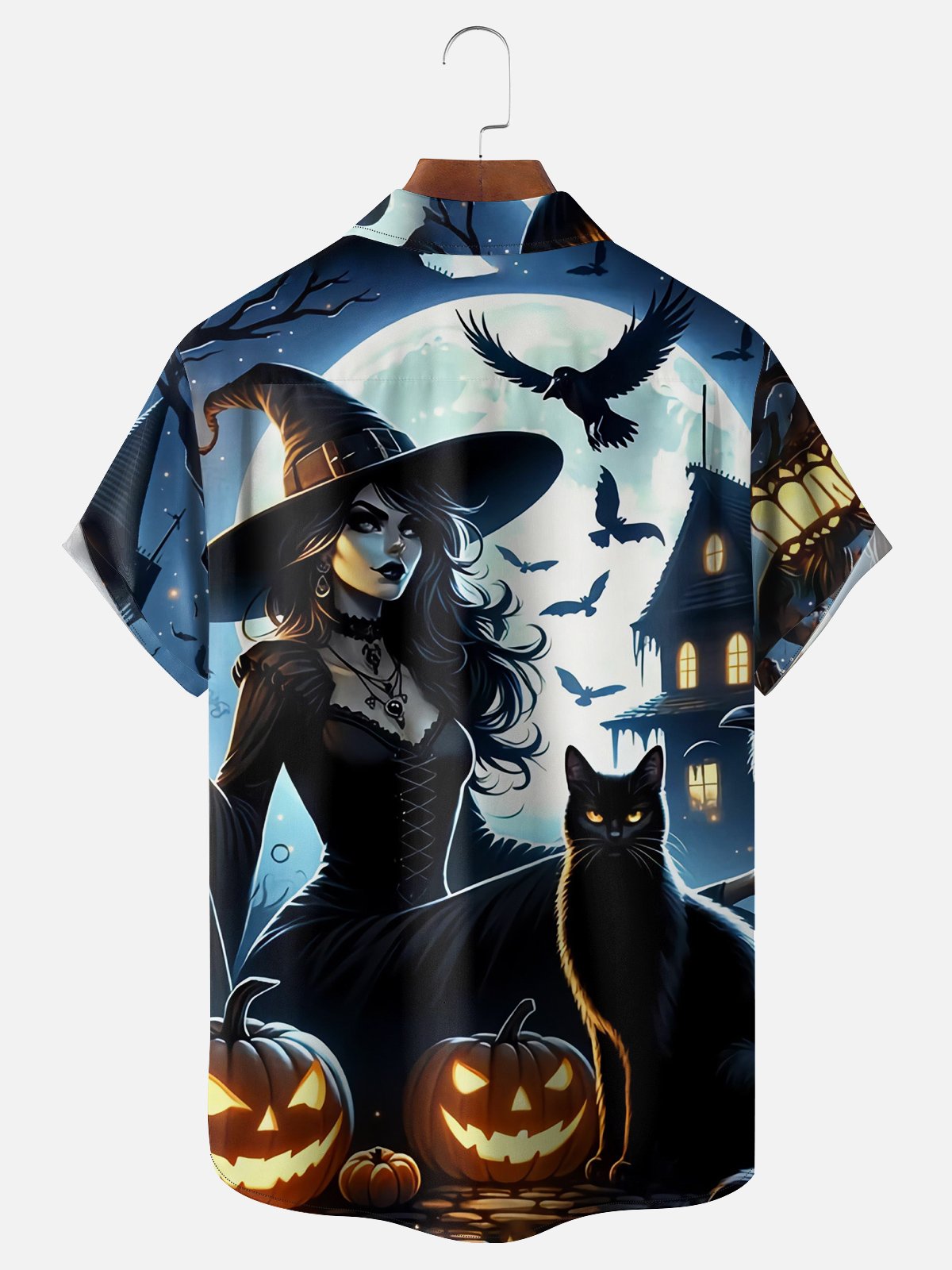 Moisture-wicking Halloween Witch Black Cat Chest Pocket Casual Shirt