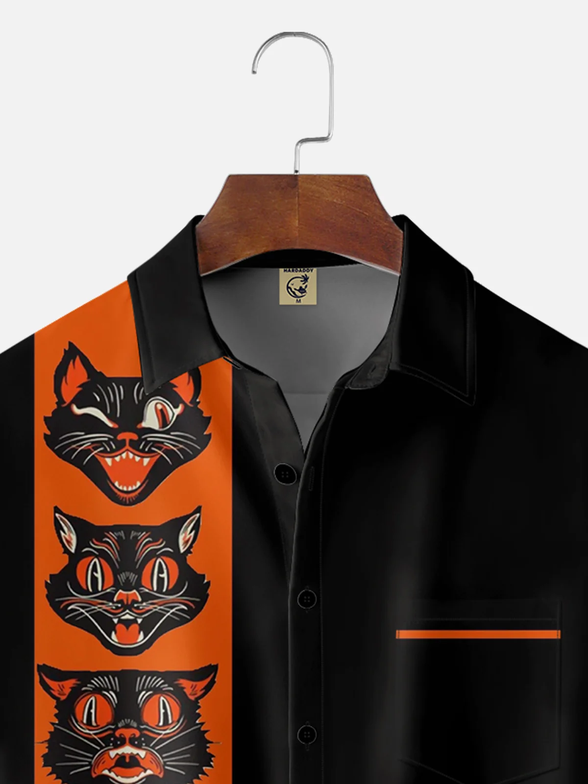 Moisture-wicking Halloween Black Cat Illustration Chest Pocket Bowling Shirt