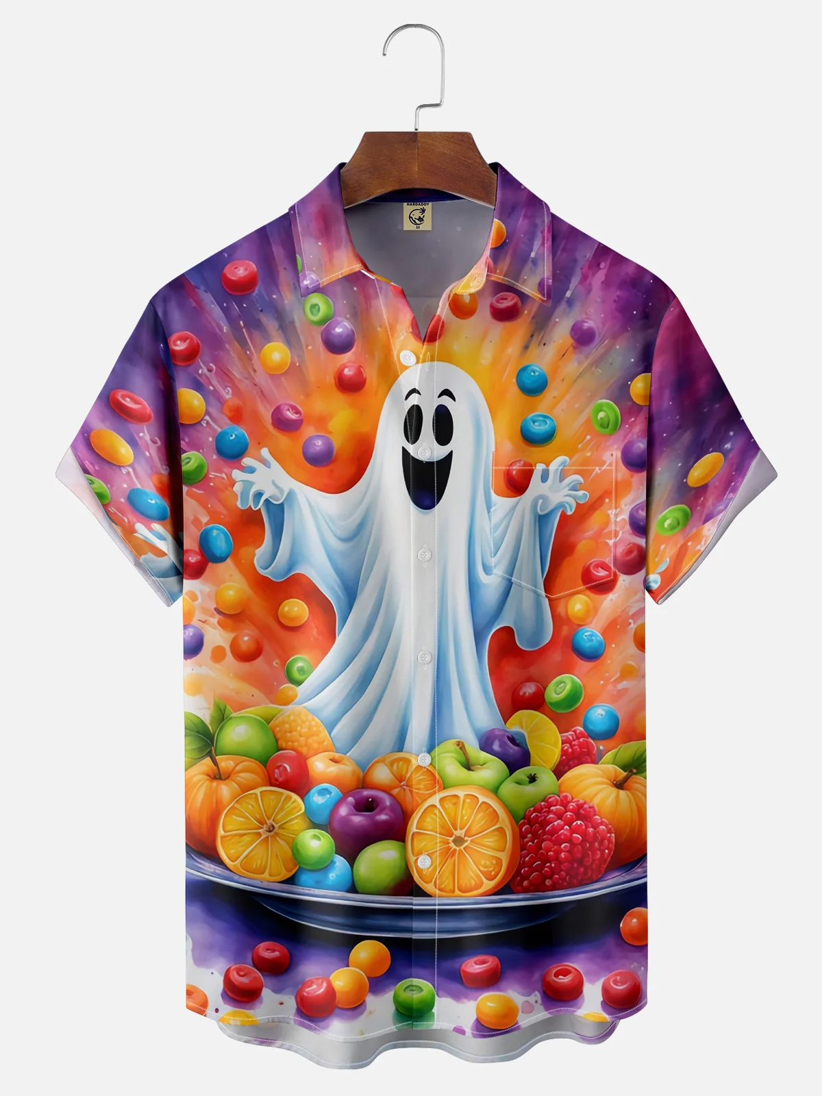 Moisture-wicking Halloween Ghost Candy Chest Pocket Hawaiian Shirt