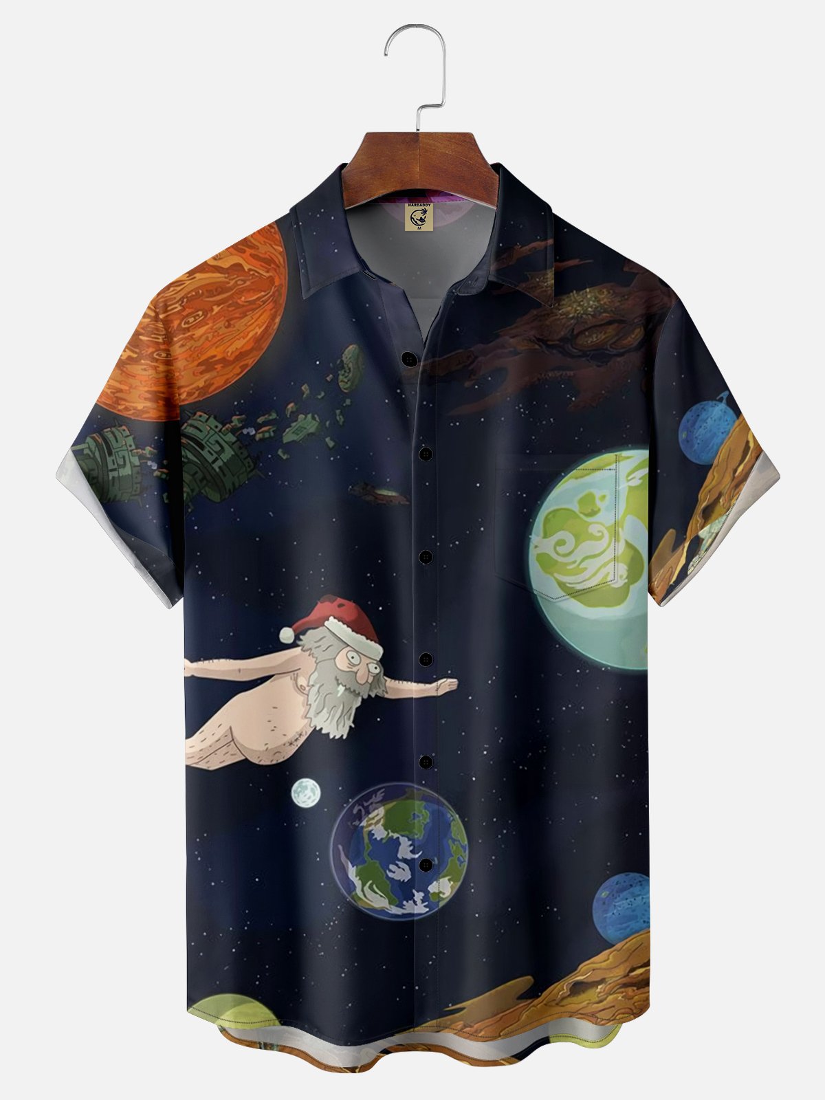 Moisture-wicking Santa Claus Travels in Space Chest Pocket Hawaiian Shirt