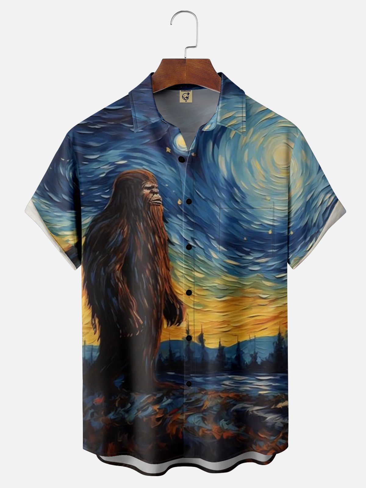 Moisture-wicking Van Gogh Bigfoot Under the Stars Chest Pocket Hawaiian Shirt