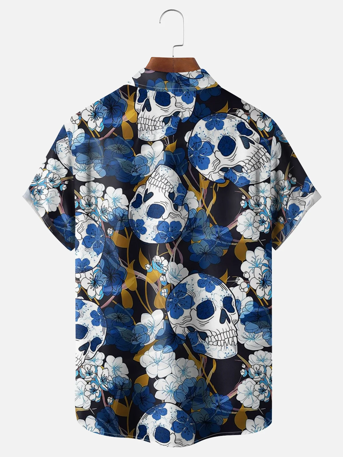 Moisture-wicking Halloween Skeleton in Flowers Chest Pocket Hawaiian Shirt