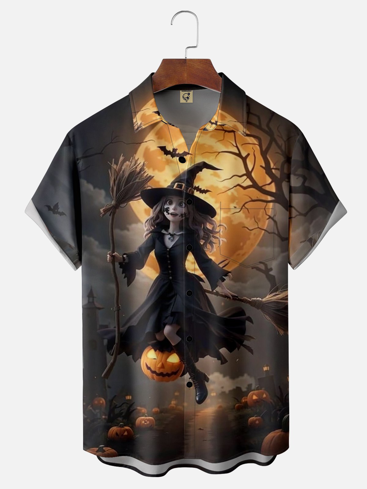 Moisture-wicking Full Moon Witch Chest Pocket Hawaiian Shirt