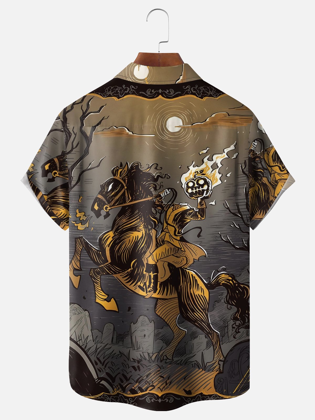 Moisture-wicking Halloween Pumpkin Rider Chest Pocket Casual Shirt