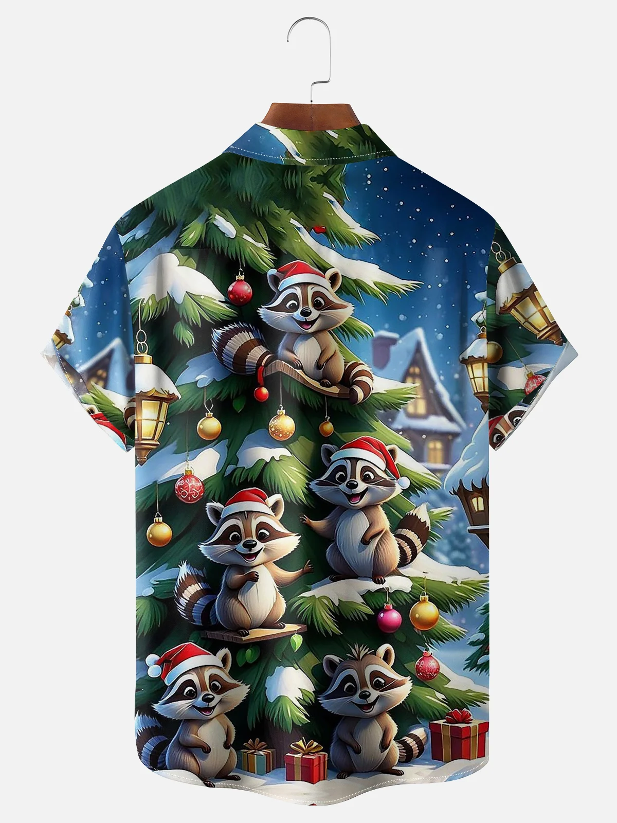 Moisture-wicking Christmas Raccoon Chest Pocket Casual Shirt