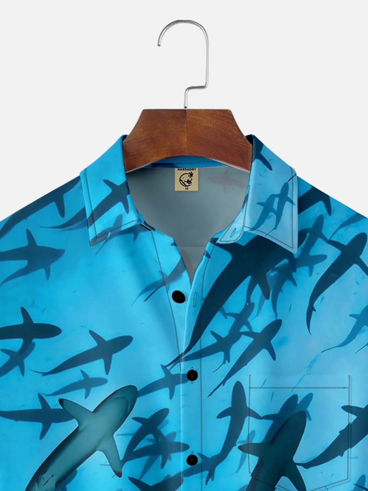 Moisture-wicking Ocean Shark Chest Pocket Hawaiian Shirt