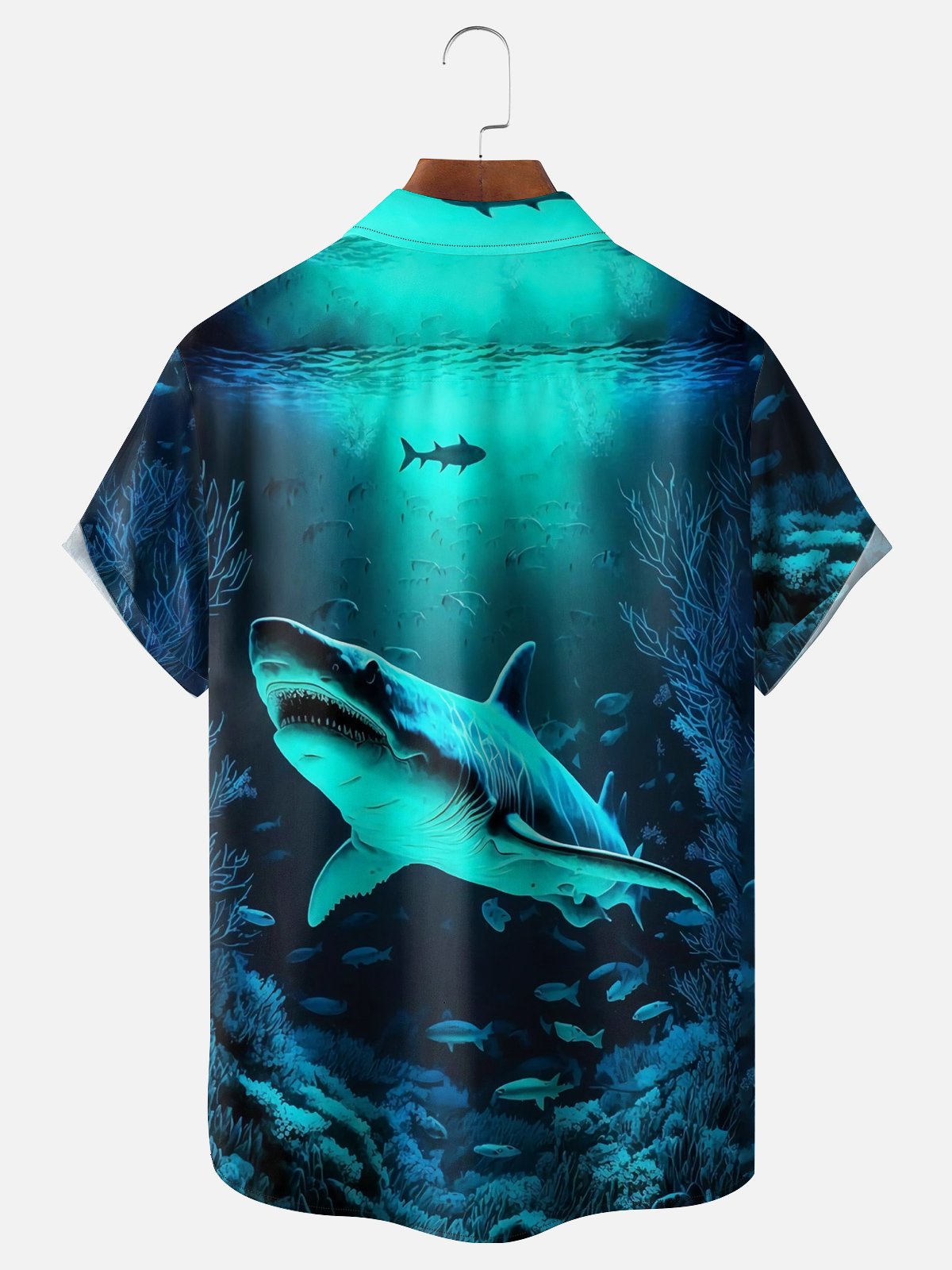 Moisture-wicking Ocean Shark Chest Pocket Hawaiian Shirt