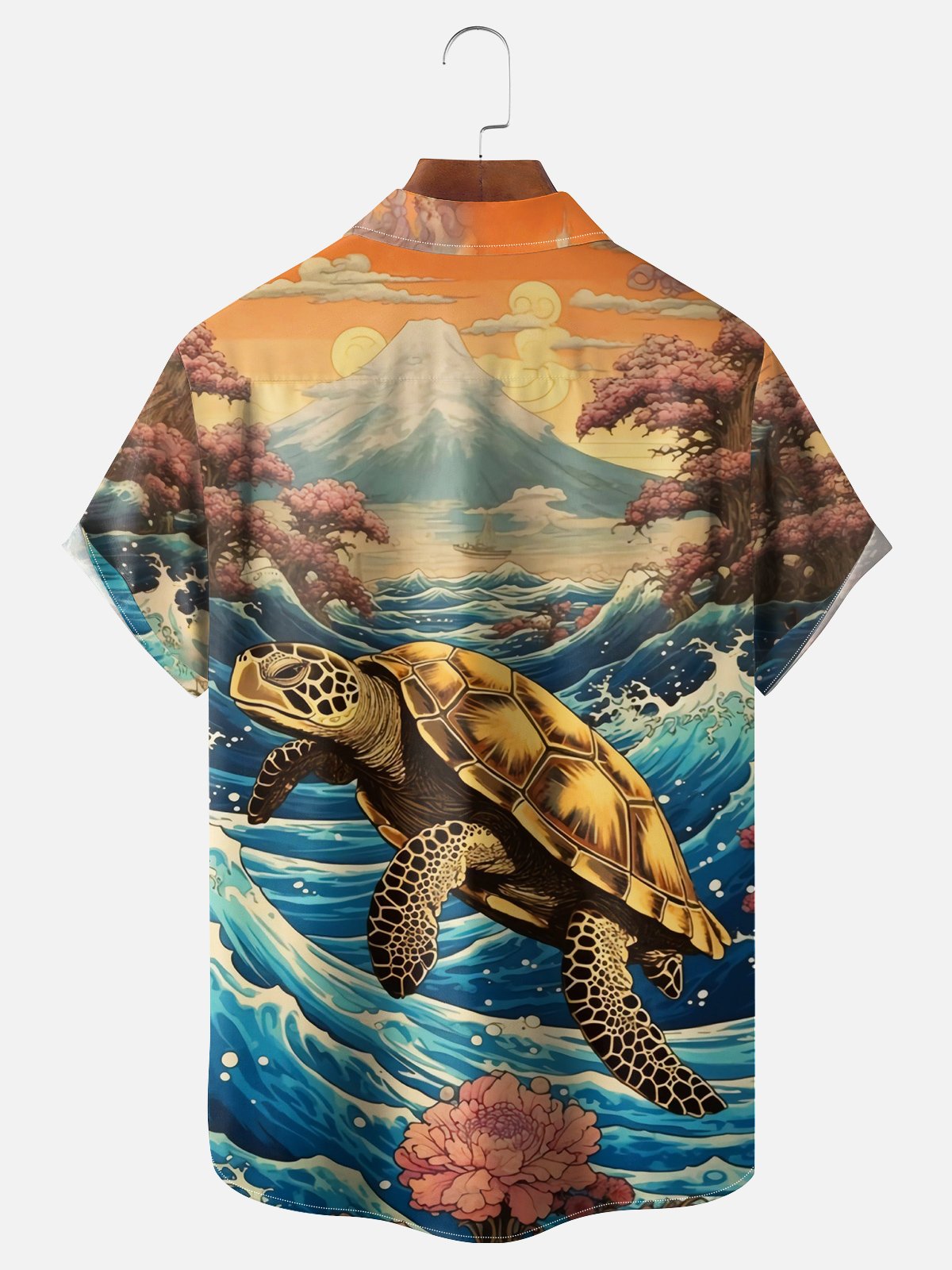 Moisture-wicking Japanese Ukiyo-e Seaturtle Chest Pocket Hawaiian Shirt