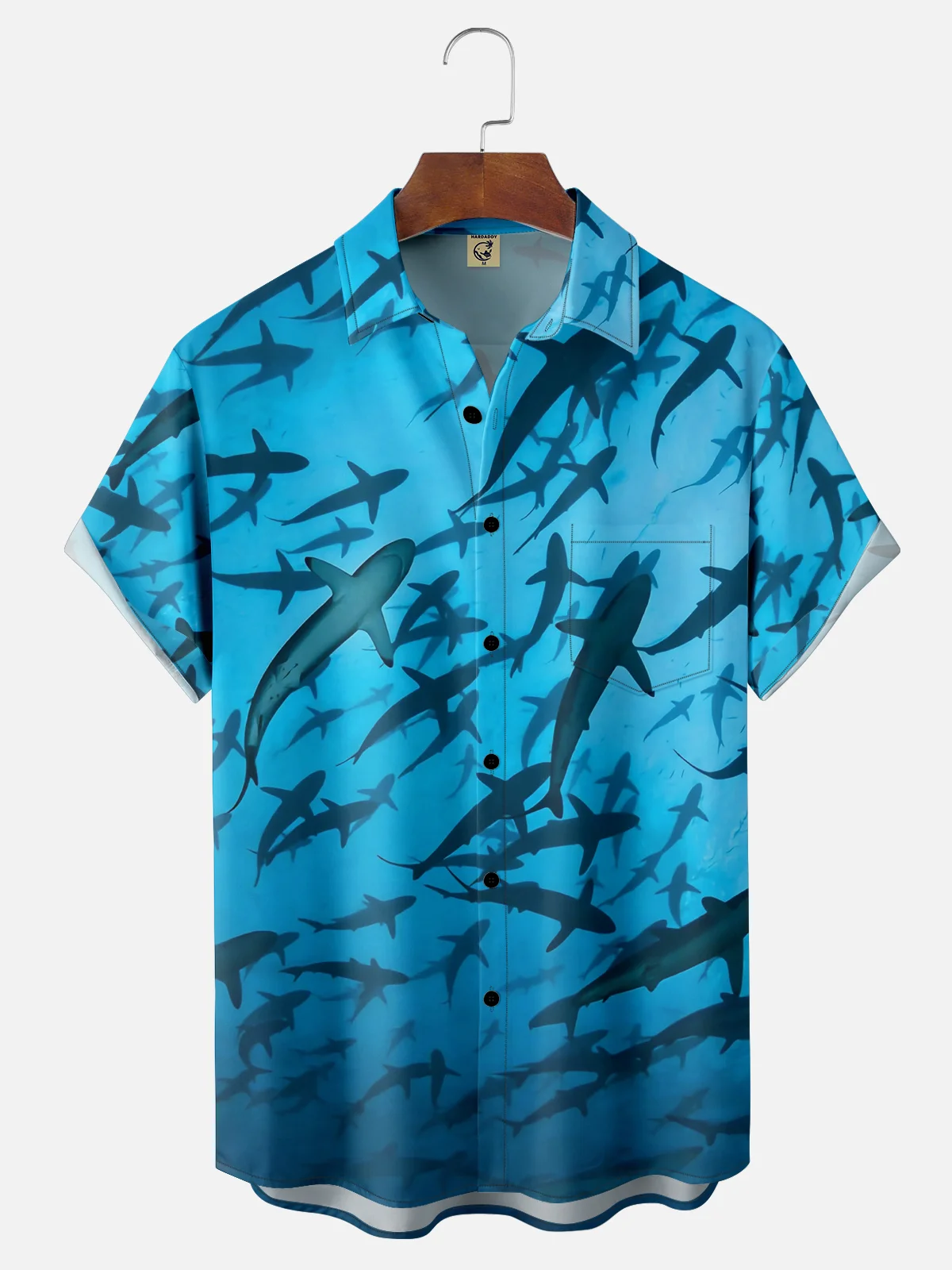 Moisture-wicking Ocean Shark Chest Pocket Hawaiian Shirt