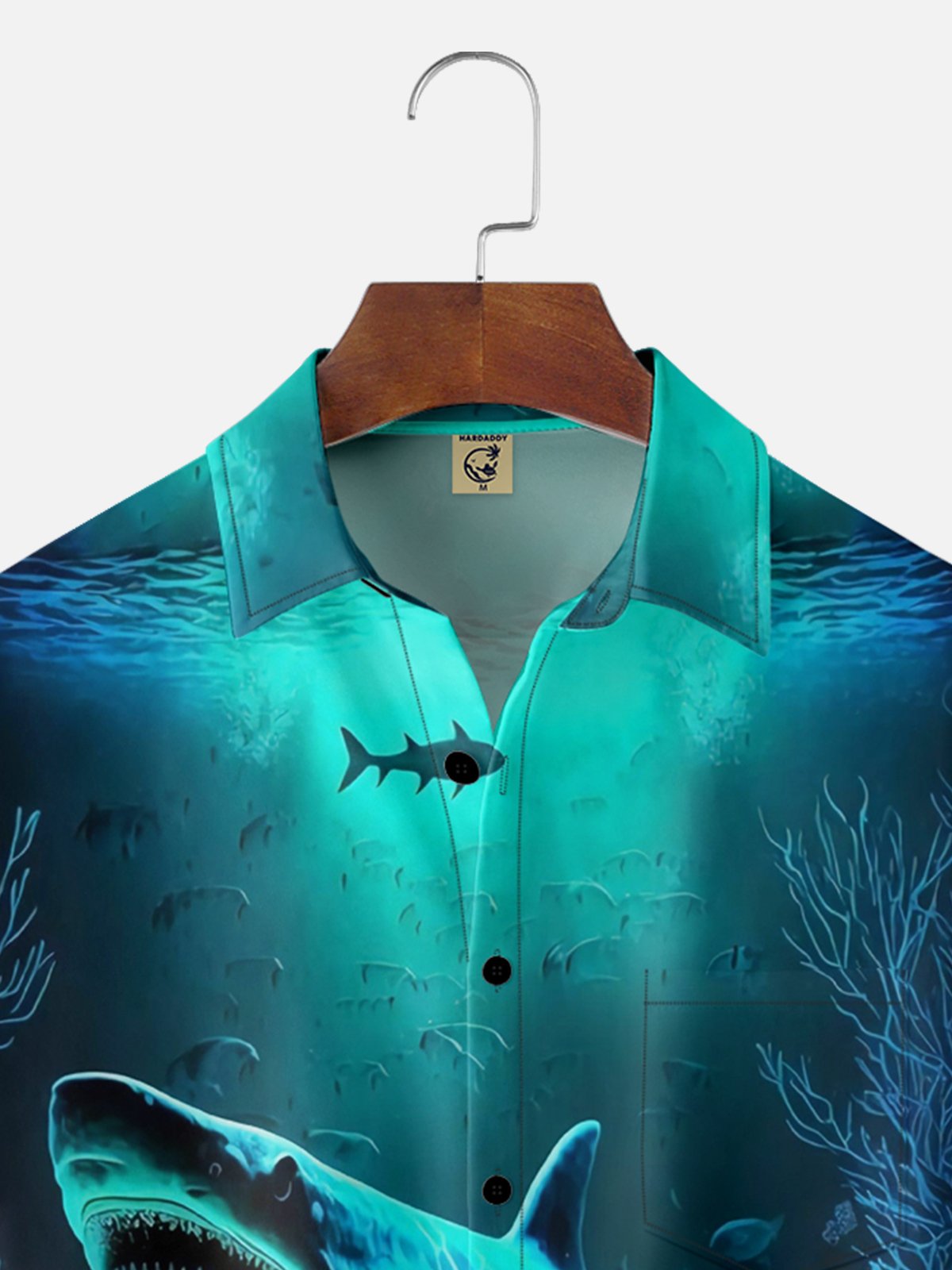 Moisture-wicking Ocean Shark Chest Pocket Hawaiian Shirt